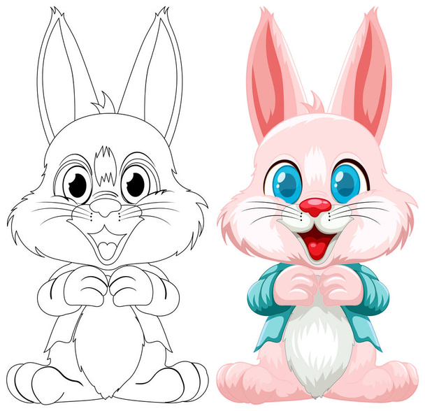 Deux lapins stylisés, un esquissé, un coloré. - Vecteur, image