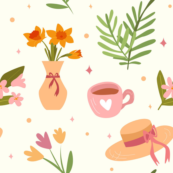 Весняний безшовний візерунок з сонячним капелюхом, чашкою чаю або кави, весняним букетом, декоративними квітами, квітами нарцисів. Векторні ілюстрації. - Вектор, зображення