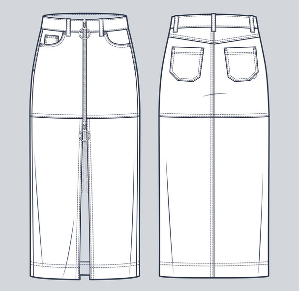 Denim Skirt τεχνική απεικόνιση μόδας. Δερμάτινο Skirt fashion flat technical σχέδιο, μπροστά φερμουάρ, τσέπες, μπροστά σχισμή, midi μήκος, εμπρός και πίσω όψη, λευκό, γυναικείο CAD mockup. - Διάνυσμα, εικόνα