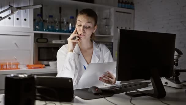 Μια γυναίκα επιστήμονας που αναλύει δεδομένα μιλώντας στο τηλέφωνο σε ένα σύγχρονο εργαστήριο τη νύχτα.. - Πλάνα, βίντεο