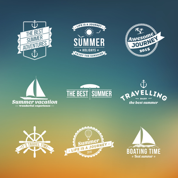 Conjunto de elementos de diseño retro de verano. Adornos y etiquetas vintage, paraíso tropical, vacaciones en la playa, aventura y viajes
 - Vector, imagen