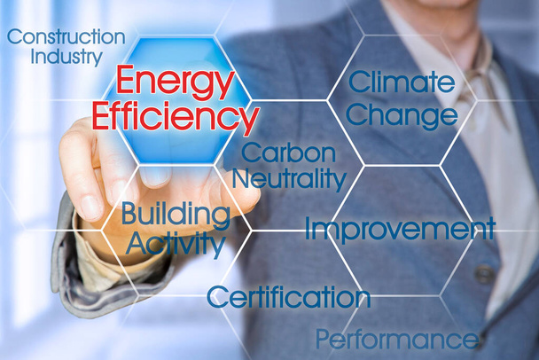 Budovy Energetická účinnost a hodnocení ve stavebnictví a stavebnictví - koncept s obchodním manažerem poukazujícím na ikony - Fotografie, Obrázek