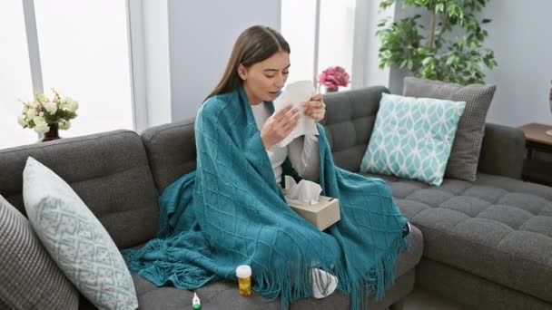 Una mujer enferma se cubre la cara con un pañuelo mientras está sentada en un sofá debajo de una manta con medicamentos cerca, que representan la enfermedad en casa. - Imágenes, Vídeo