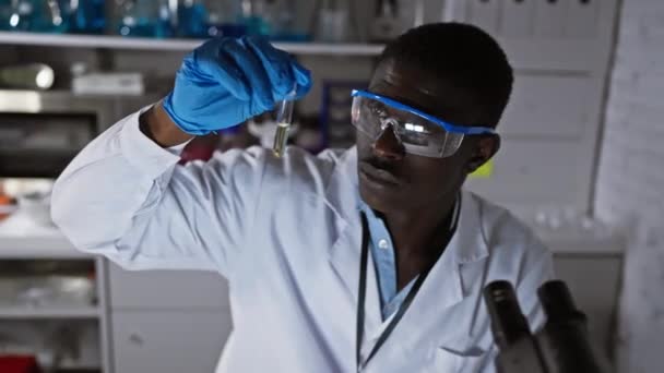 Αφρικανός επιστήμονας που εξετάζει δοκιμαστικό σωλήνα σε εργαστηριακό περιβάλλον - Πλάνα, βίντεο