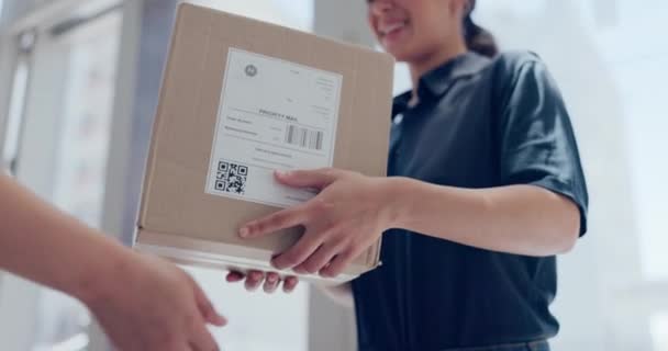 Hands, woman and delivery of box, smile and ecommerce, distribution and online shopping. Courier, happy and giving person package for shipping service, cargo and order of customer closeup in office. - Footage, Video