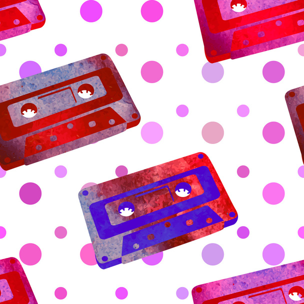 Seamless pattern - retro watercolor audiocassette. - Vector, afbeelding