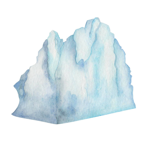 Watercolor illustration. Hand painted blue and white large iceberg, floating ice. Ice floe. Frozen snow, water in sea, ocean. Cold winter. Glacier in North Pole, Arctic, Antarctic. Isolated clip art - Photo, Image