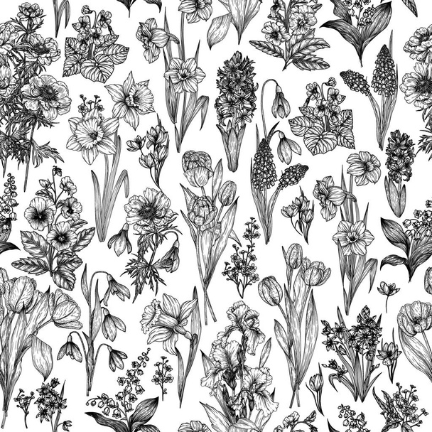  Bezproblémový vektorový vzorec kvetoucí jarní zahrady. Sněhové vločky, krokusy, brunnera, tulipány, muškarní, hyacinty, duhovky, narcisy, macešky, lilie z údolí, sasanky, sasanky, viola - Vektor, obrázek