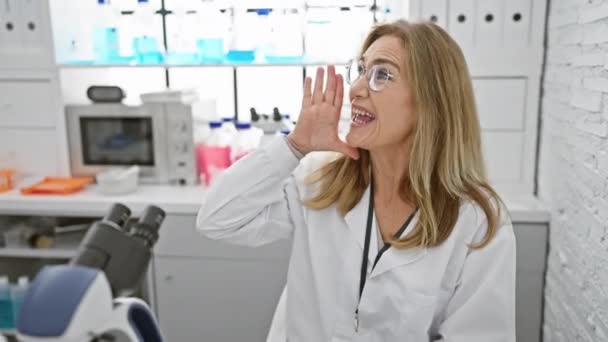 Dühös középkorú szőke nő tudós, ül a laborban, hangosan sikoltozik a kezét a száját, szellőztető stressz és frusztráció. - Felvétel, videó
