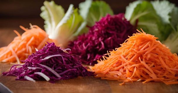 Una variedad de verduras recién cortadas, incluyendo zanahorias anaranjadas, remolacha, col púrpura cebolla y col blanca, están perfectamente dispuestas en una tabla de cortar de madera. Comida vegetariana - Foto, Imagen