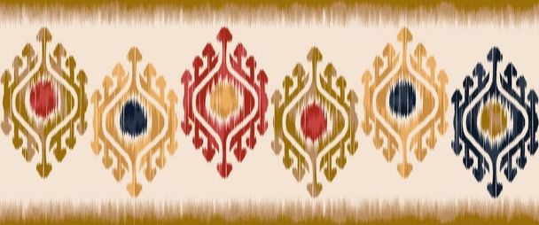 Renkli ikat koşucusu halı etnik modeli. Resimlerde suluboya, etnik geometrik motif, kusursuz desen çiziliyor. Tekstil sınırı için etnik düzen kullanımı, masa koşucusu, masa örtüsü, halı vs.. - Fotoğraf, Görsel