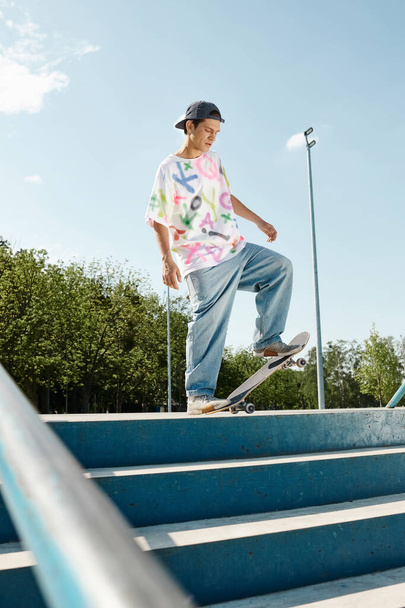Un joven skater monta con confianza su monopatín por un riel metálico en un parque urbano de skate en un soleado día de verano.. - Foto, imagen
