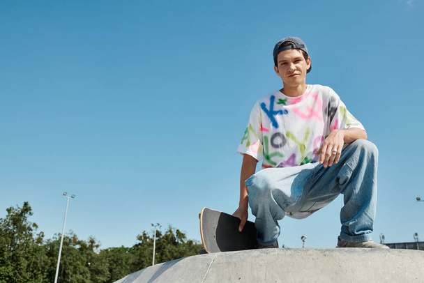 Ένας νεαρός σκέιτερ με αυτοπεποίθηση κάθεται στην κορυφή μιας ράμπας skateboard έξω σε μια ηλιόλουστη μέρα του καλοκαιριού. - Φωτογραφία, εικόνα