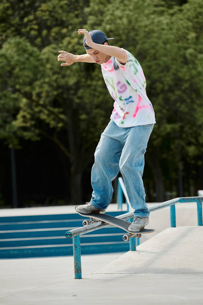 Un jeune patineur monte sans peur sa planche à roulettes sur un rail métallique dans un skate park extérieur ensoleillé un jour d'été. - Photo, image