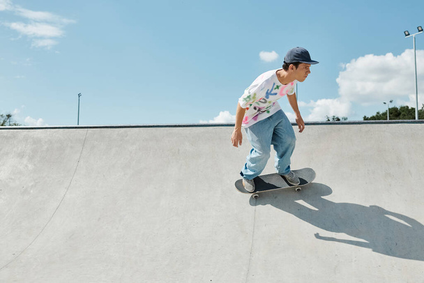 Ένας νεαρός άνδρας με αυτοπεποίθηση οδηγεί ένα skateboard μέχρι μια απότομη ράμπα σε ένα υπαίθριο πάρκο skate σε μια ηλιόλουστη μέρα του καλοκαιριού. - Φωτογραφία, εικόνα