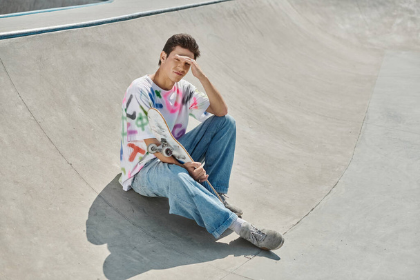 若いスケーターの少年が晴れた日の活気に満ちたスケートパークで平和的にスケートボードに座る. - 写真・画像