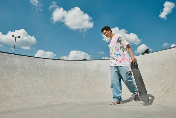 Młody człowiek, pełen energii, trzyma deskorolkę w tętniącym życiem skateparku w słoneczny letni dzień. - Zdjęcie, obraz