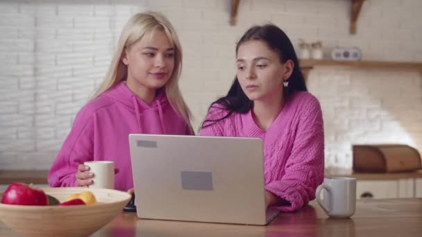 Casual day of family relations two girlfriends staying at home. Lesbian girlfriend kiss a cheek her partner while she working in living room. Drink coffee or tea, doing job tasks using notebook. High - Footage, Video