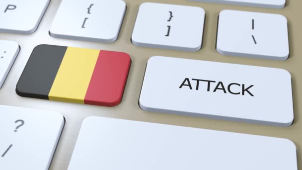 Βέλγιο Χώρα Εθνική σημαία και κείμενο επίθεση στο κουμπί. Έννοια πολέμου. - Πλάνα, βίντεο