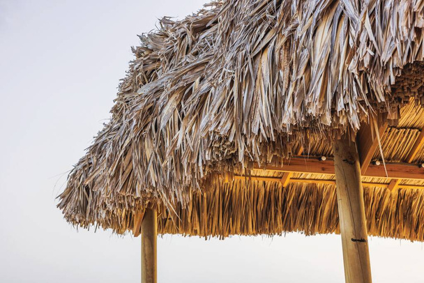 Közelkép a Karib-tenger partján található pálmafalból készült éttermi tetőről. Csirkefogó. - Fotó, kép
