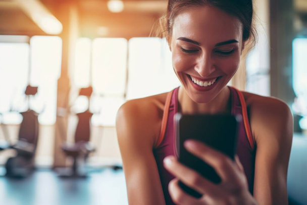 Αθλητική γυναίκα κρατώντας smartphone κινητό τηλέφωνο γραπτών μηνυμάτων chatting κορίτσι χαμογελώντας επικοινωνούν online web προπόνηση γυμναστήριο σωματική άσκηση σώμα άσκηση μηνύματα στο διαδίκτυο στίβος τρέχει τεχνολογία κομμάτι - Φωτογραφία, εικόνα