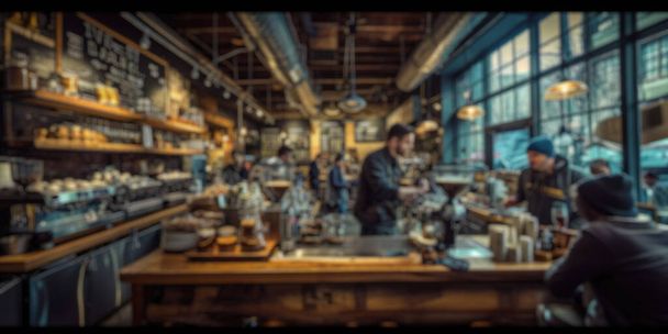 Verschwommener Hintergrund eines geschäftigen Cafés, in dem die Gäste ihre Drinks genießen und Baristas Kaffee zubereiten, wodurch ein lebendiger Gemeinschaftsraum entsteht. Resplenant. - Foto, Bild