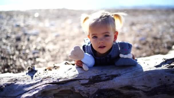 Ein kleines Mädchen mit Teddybären lehnt am Strand und nickt. Hochwertiges 4k Filmmaterial - Filmmaterial, Video