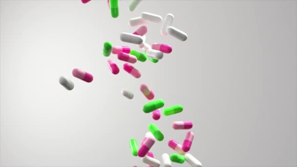 Medikamentenkapseln auf einem Hintergrund, der ein Überdosis-Szenario im pharmazeutischen Sektor symbolisiert. - Filmmaterial, Video