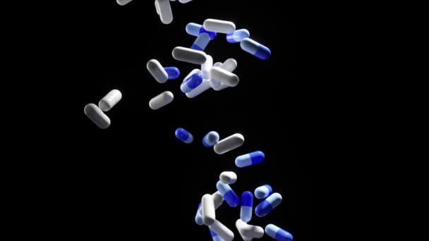 Поток синих лекарственных капсул, выливающихся на соответствующий фон, иллюстрирующий концепцию передозировки, связанную с фармацевтической промышленностью. - Кадры, видео