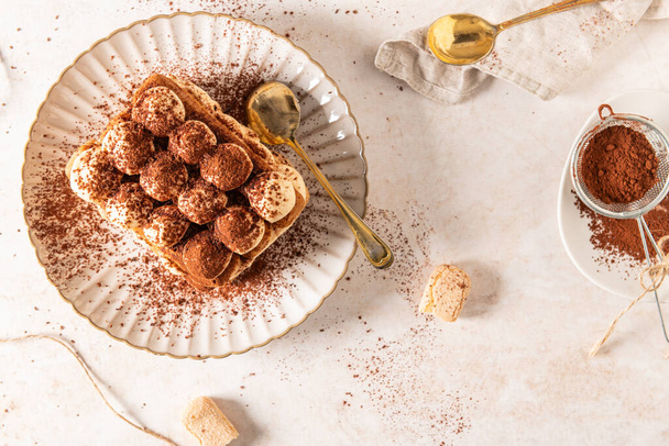 Traditie Italiaans gelaagd dessert tiramisu met mascarpone crème en lievevingers koekjes bestrooid met cacaopoeder op een witte achtergrond. Bovenaanzicht - Foto, afbeelding