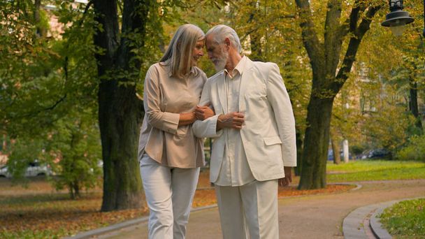 Onnellinen terve vanhukset vanhempi kypsä valkoihoinen isovanhemmat naimisissa mies perhe pari kävely kädestä ulkopuolella kaupungin puisto kertoo tarinoita puhuvat nauraa yhdessä. Nostalgia muistoja eläkkeelle - Valokuva, kuva