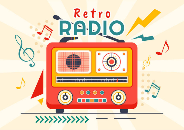 レトロラジオベクターイラストレコーディングプレーヤースタイル,オールドレシーバー,インタビューセレブリティとフラット漫画の背景で音楽を聴く - ベクター画像