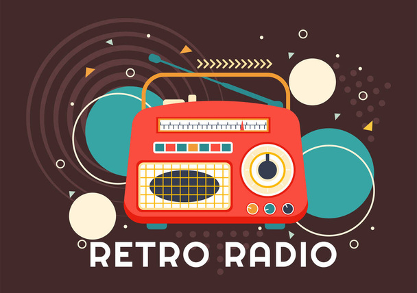 Retro Radio Vector Illustration with Player Style for Record, Old Receiver, Entrevistas Celebrity y escuchar música en fondo plano de dibujos animados - Vector, Imagen