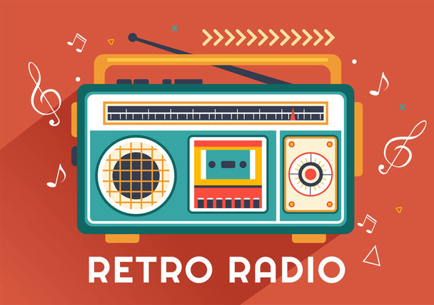 Retro Radio Vector Illustration with Player Style for Record, Old Receiver, Entrevistas Celebrity y escuchar música en fondo plano de dibujos animados - Vector, Imagen