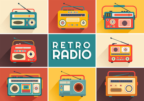 Retro Radio Vector Illustration mit Player-Stil für Schallplatte, alten Receiver, Interviews Berühmtheit und Musikhören im flachen Cartoon-Hintergrund - Vektor, Bild