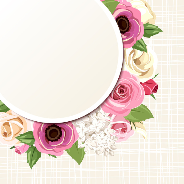 Card with pink and white roses, lisianthuses, anemones and lilac flowers. Vector eps-10. - Vector, imagen