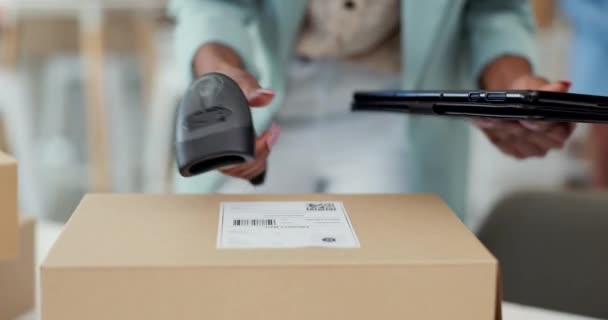 Hands, box and scanner for barcode, shipping and tablet for stock, check or data for commercial supply chain. Person, digital touchscreen or cardboard package at warehouse, qr code and distribution. - Footage, Video