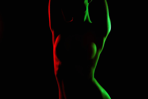 Оголена жінка в кольорових вогнях. Красивий голий силует тіла дівчини - Фото, зображення