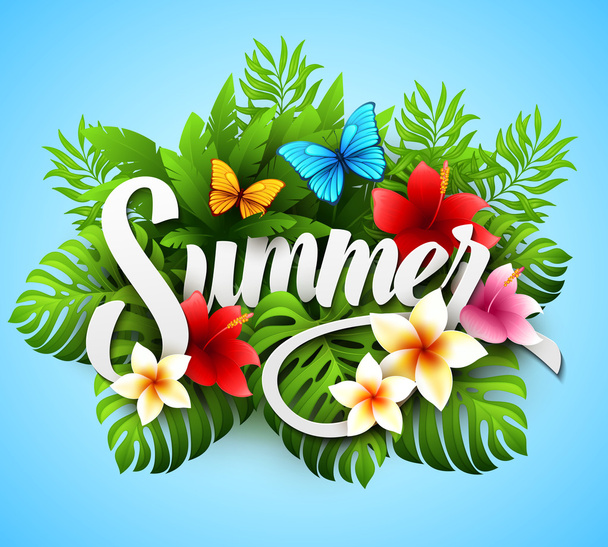 碑文の夏。熱帯植物と花のベクトル図 - ベクター画像