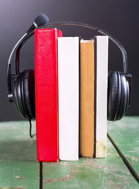 colorful audio book concept with headphones and books - Fotoğraf, Görsel
