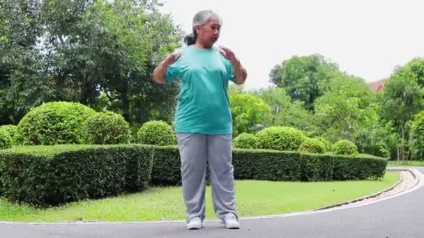 Asijské starší žena Úsměv, být šťastný a těšit cvičení v parku. Sportovní koncept. Udržování zdravého zdraví v důchodu - Záběry, video