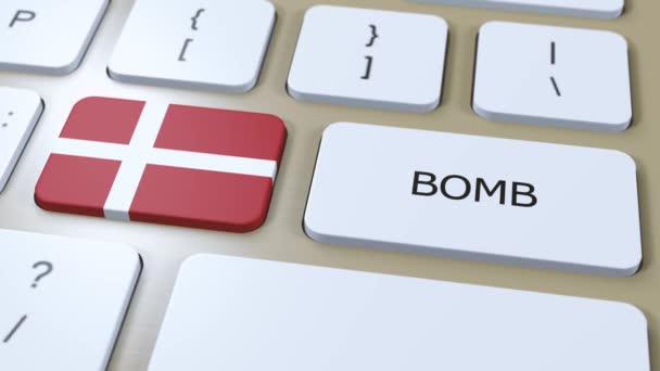 Δανία Χώρα εθνική σημαία και κείμενο βόμβα στο κουμπί. Έννοια πολέμου. - Πλάνα, βίντεο