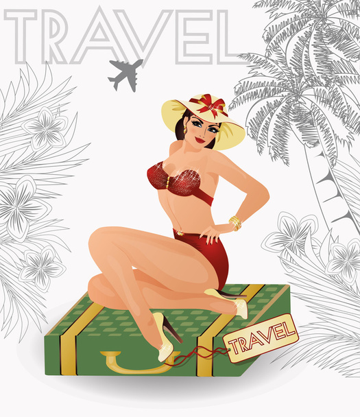 Summer travel sexy pin up girl, vector illustration - Vector, afbeelding