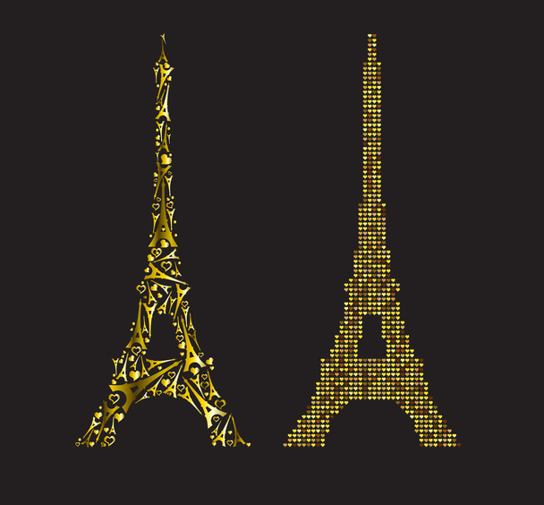 Gold Eiffelova věž skládající se z malé zlaté srdce a Eiffel koudel - Vektor, obrázek