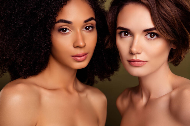 Close up portrait of two alluring women bonding smooth skin complexion visage models isolated on khaki color background. - Photo, Image