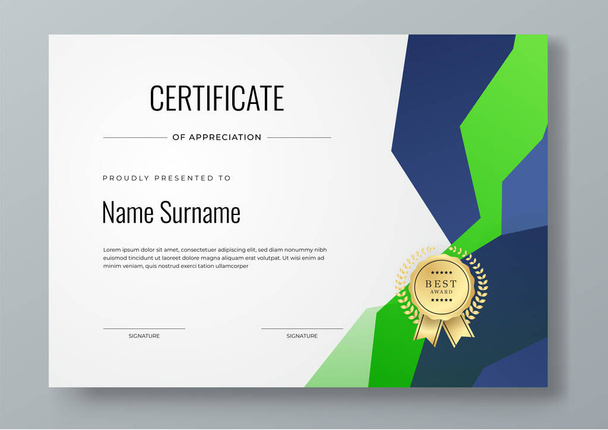 Certificato professionale verde blu e bianco. Modello di certificato di apprezzamento Design. - Vettoriali, immagini