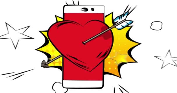 Smartphone de bande dessinée, bande dessinée Téléphone avec coeur avec flèche. Rétro animation Saint-Valentin, bande dessinée pop art vidéo. - Séquence, vidéo