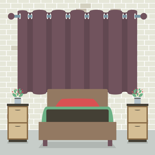 Односпальная кровать перед занавесом и кирпичной стеной
  - Вектор,изображение