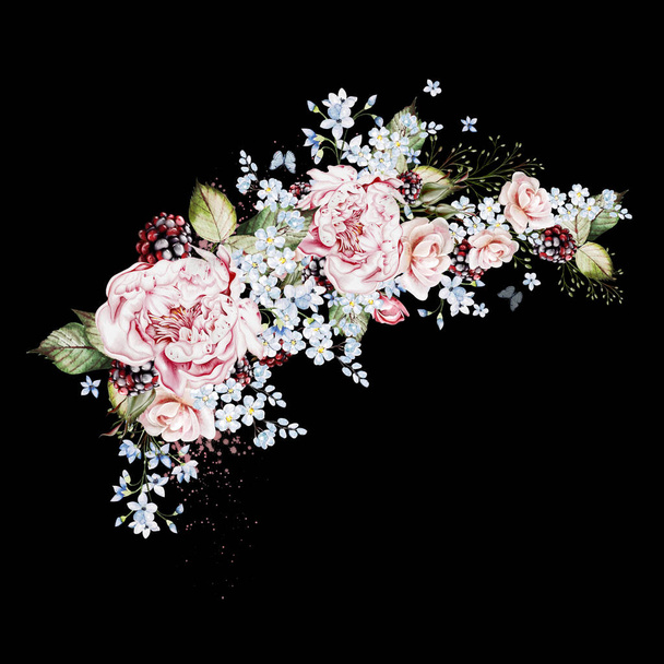 Ramo de acuarela con hierbas y rosas rosadas flores. Ilustración - Foto, imagen