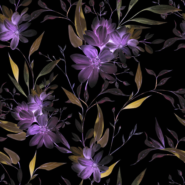 Modello acquerello con i fiori viola ed erbe selvatiche. Illustrazione - Foto, immagini
